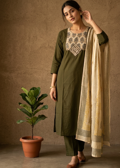 Olive Green Anaya Suit Set- With Dupatta