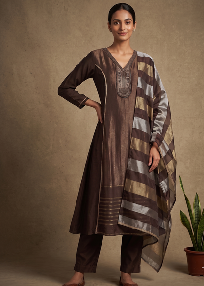 Brown Mahima Chinon Silk Anarkali Suit Set- Set of 3