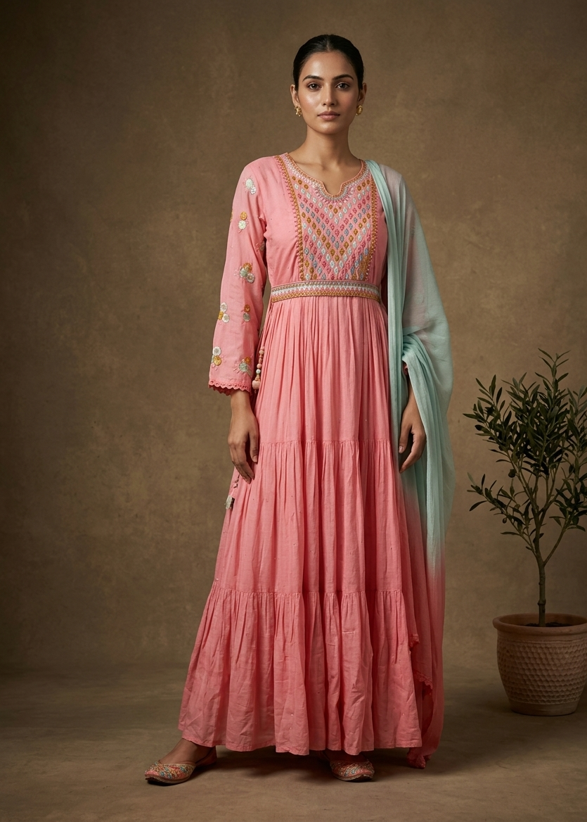 Peachish Pink Mulcotton Nyra Cut Suit set - set of 3