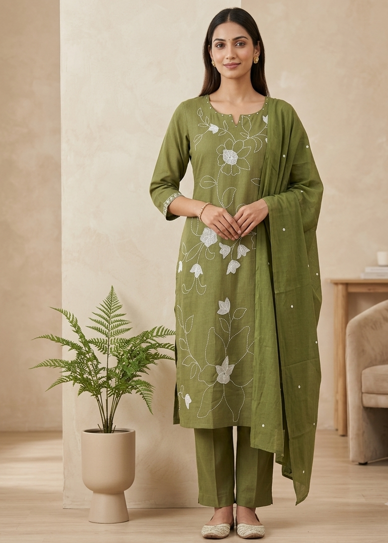 Green Slub Cotton Suit  Set With Dupatta- set of 3