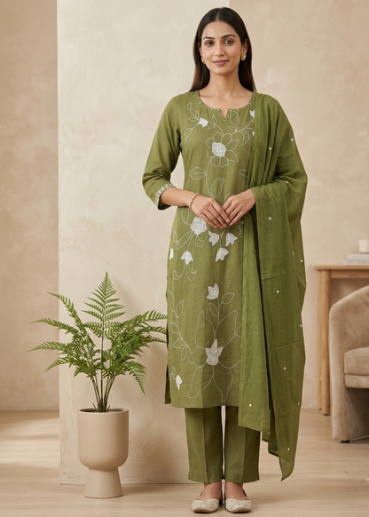 Green Slub Cotton Suit  Set With Dupatta- set of 3