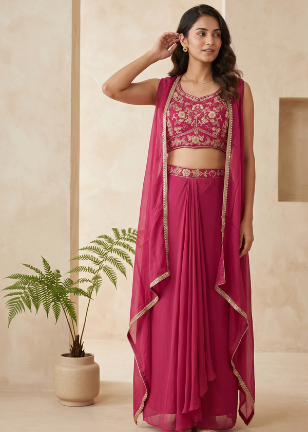 Magenta Indo western Skirt Crop-Top And Jacket