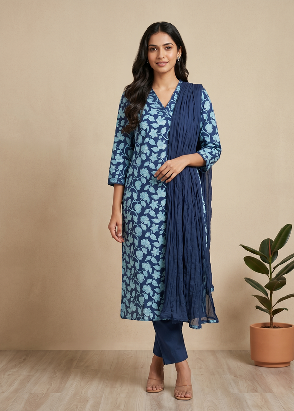 Navy Blue Aachal Cotton Suit set