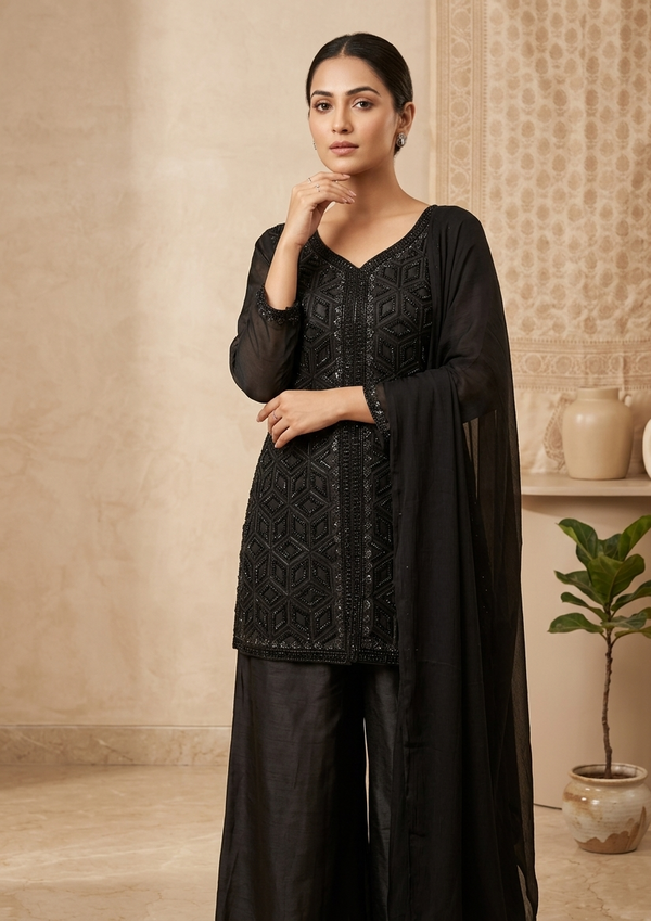 Zeba Black silk designer Sharara set