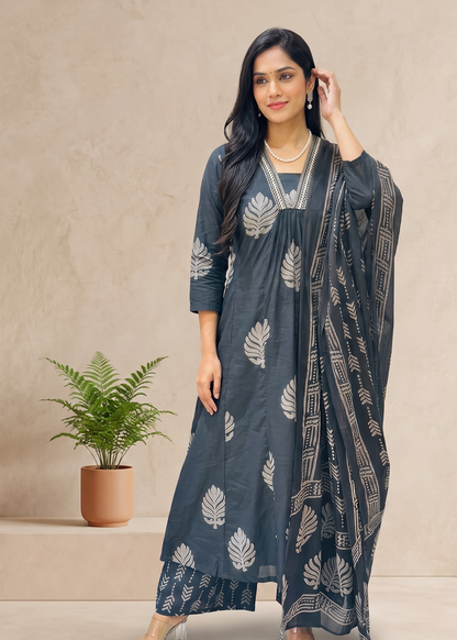 Black Neelam A line  Block print Cotton Suit Set