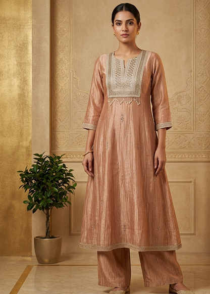 Rose Gold Dish Suit Set With Dupatta- Set of 3