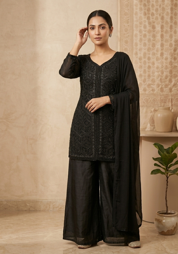 Zeba Black silk designer Sharara set
