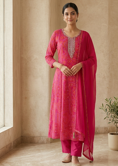 Pink Nithya Bandani Print Partywear Suit Set With Dupatta