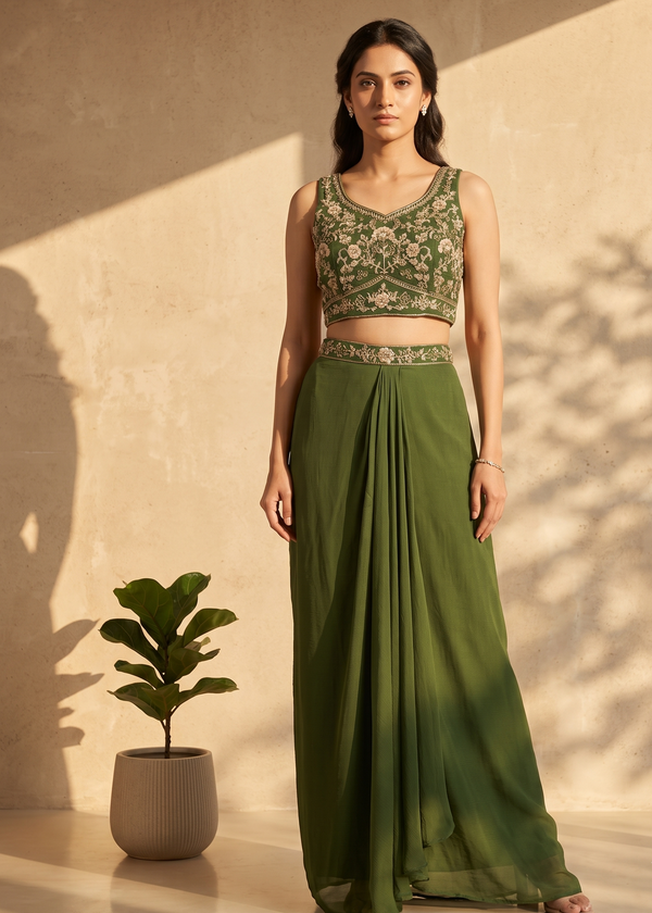 Green Indo western Skirt Crop-Top And Jacket