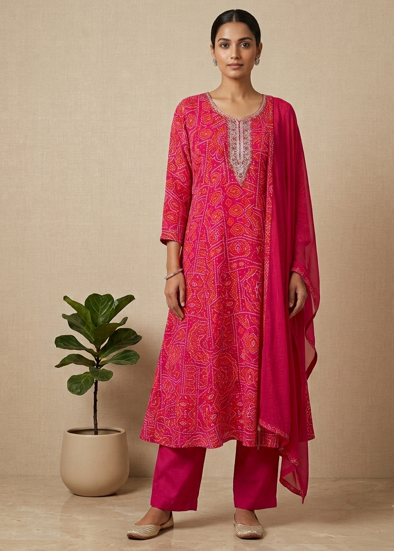 Pink Nithya Bandani Print Partywear Suit Set With Dupatta