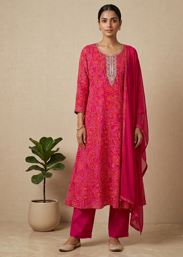 Pink Nithya Bandani Print Partywear Suit Set With Dupatta