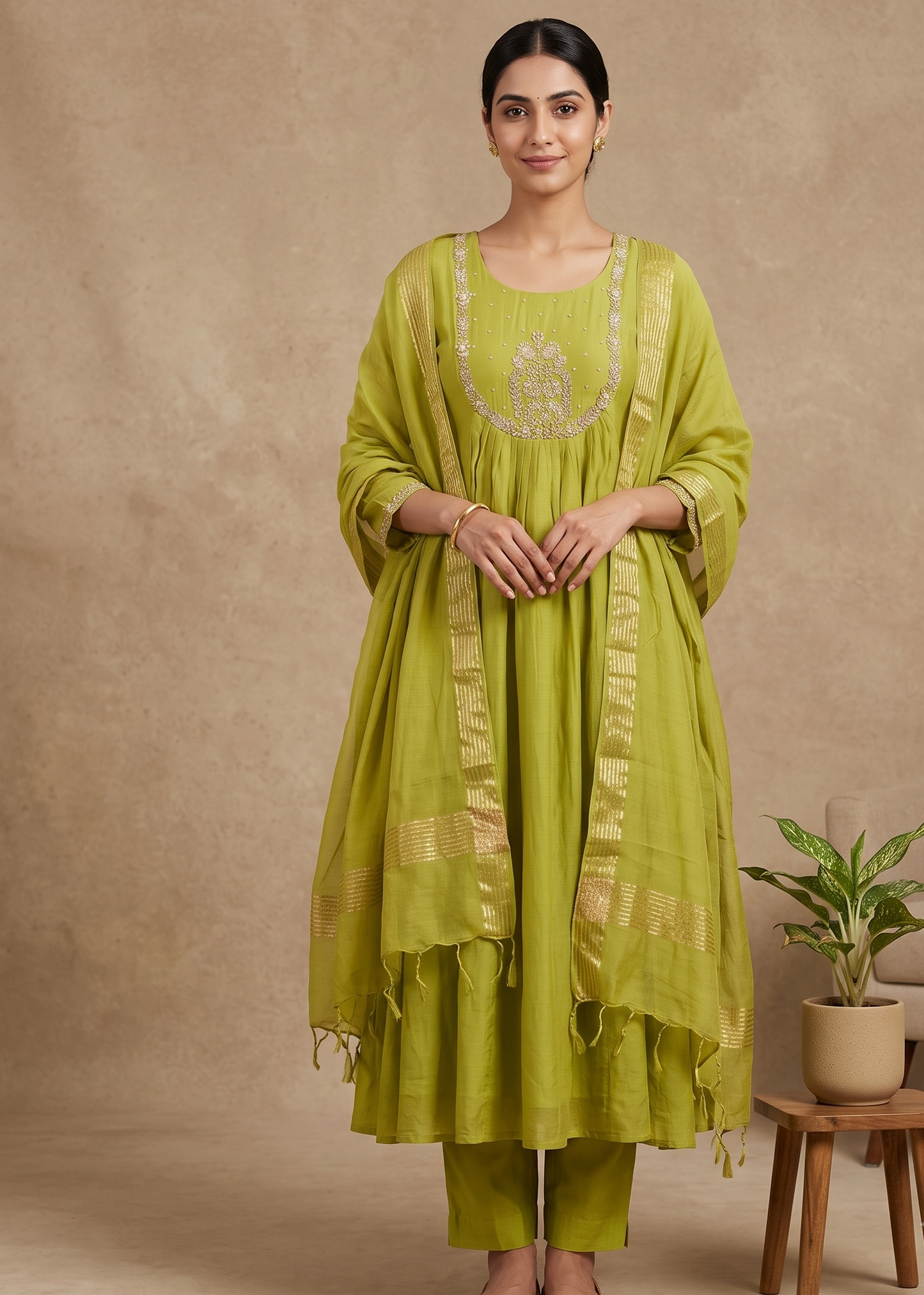 Green Tanvi Mulchanderi Silk A-LINE suit set-3