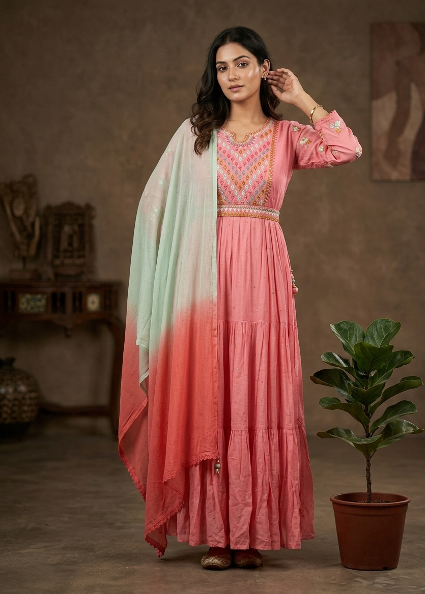 Peachish Pink Mulcotton Nyra Cut Suit set - set of 3