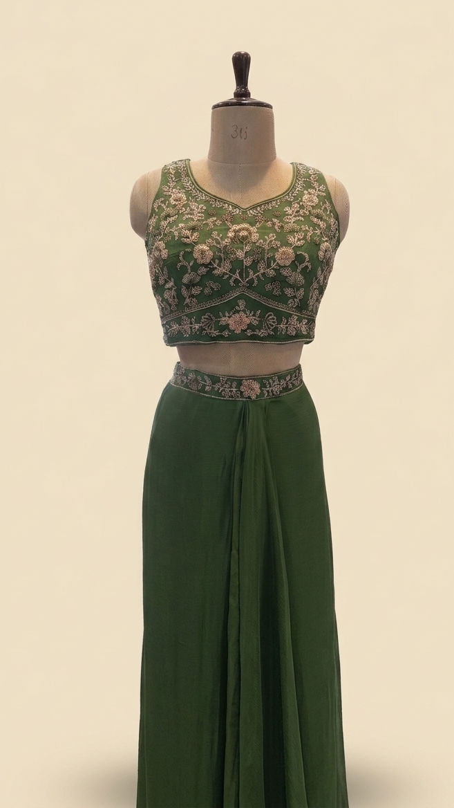 Green Indo western Skirt Crop-Top And Jacket