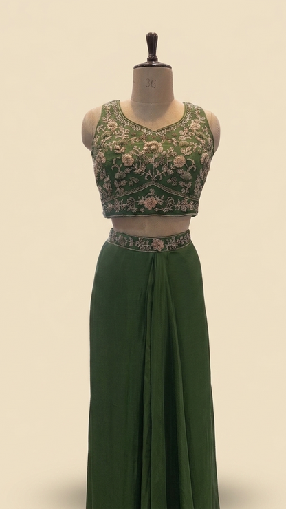 Green Indo western Skirt Crop-Top And Jacket