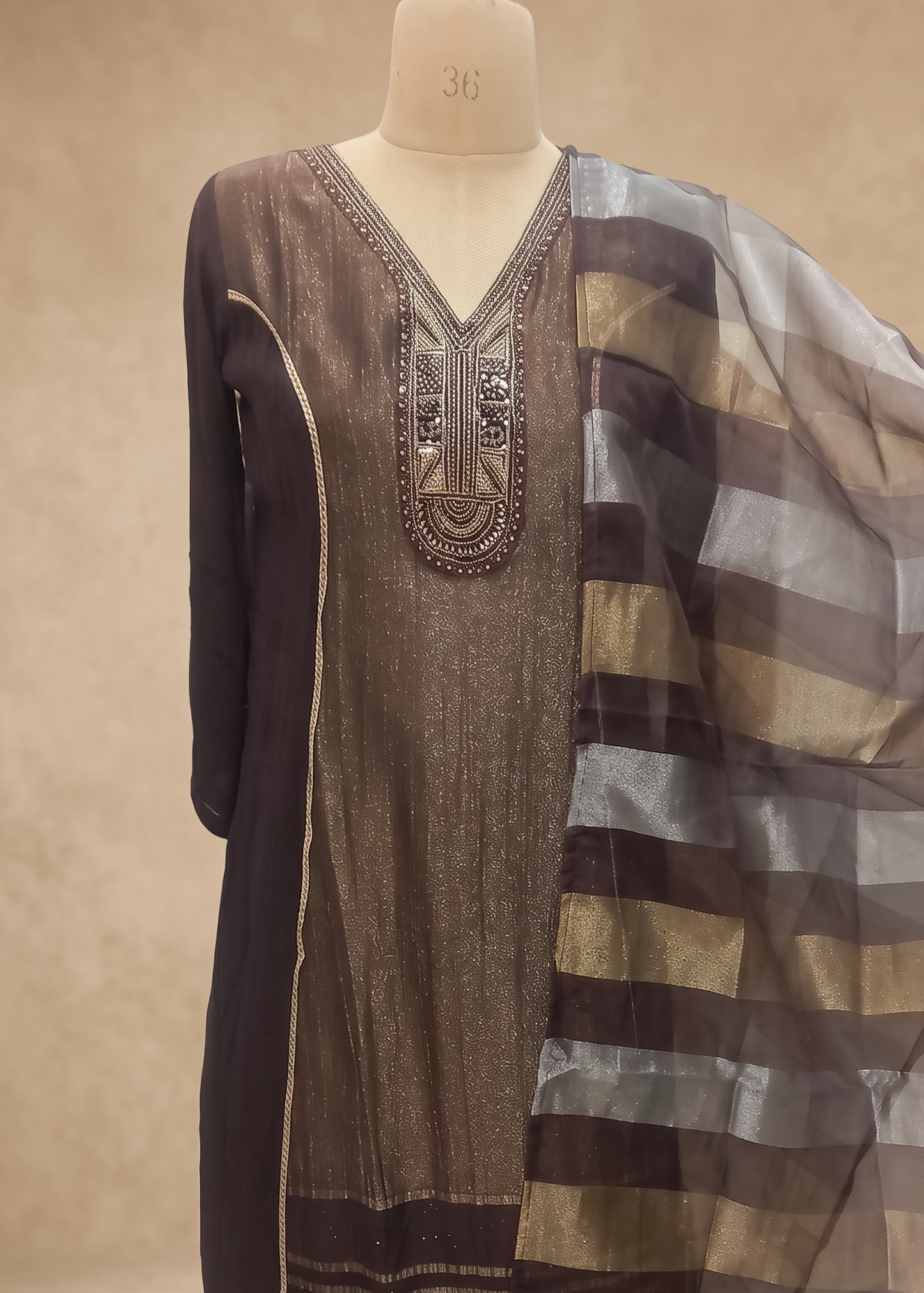 Brown Mahima Chinon Silk Anarkali Suit Set- Set of 3