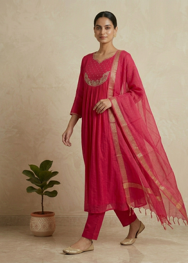 Pink Tanvi Mulchanderi Silk A-LINE suit set-3