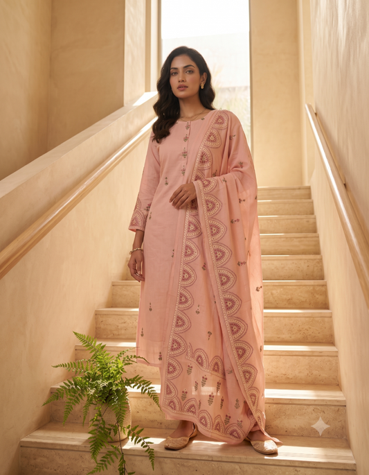 Blush Pink Kirya Mul Cotton Suit Set With Dupatta