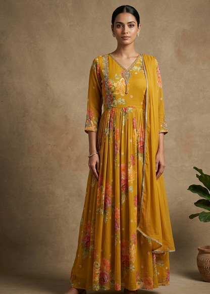 Yellow Visra Floral Chinon Silk Gown With Dupatta