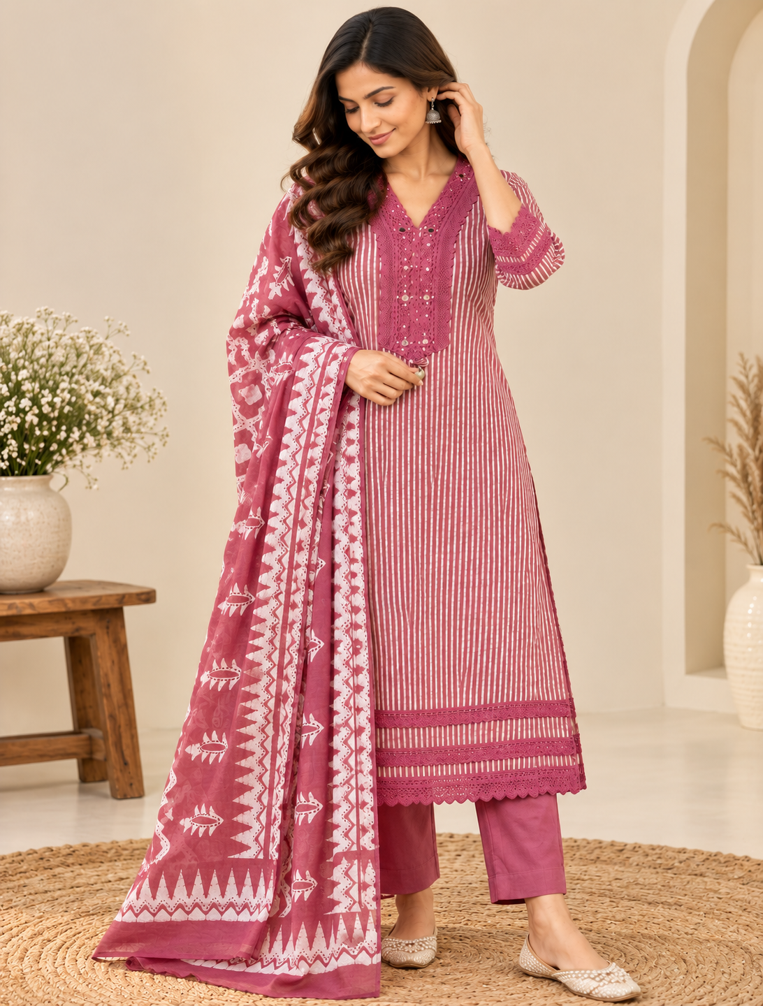Pink Laya Shibori Cotton Suit set - Set of 3