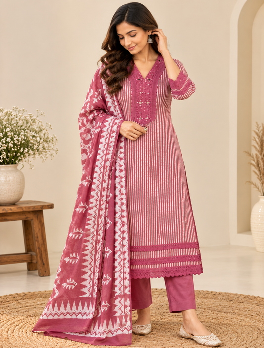 Pink Laya Shibori Cotton Suit set - Set of 3