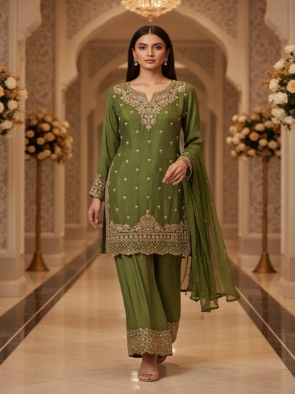 Green Amina chinon silk short kurta set