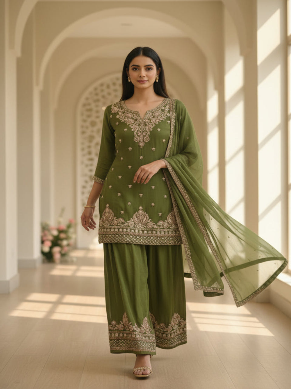 Green Amina chinon silk short kurta set