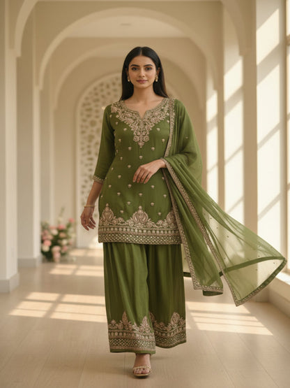 Green Amina chinon silk short kurta set