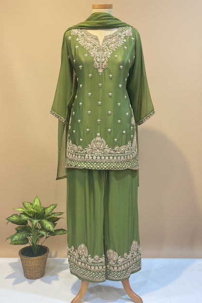 Green Amina chinon silk short kurta set