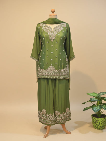 Green Amina chinon silk short kurta set