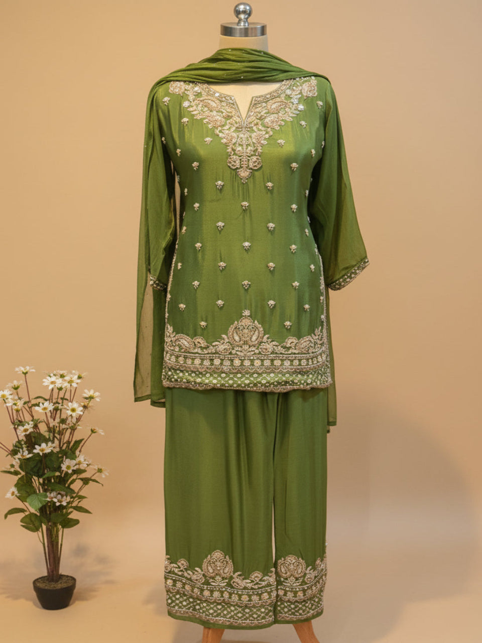Green Amina chinon silk short kurta set