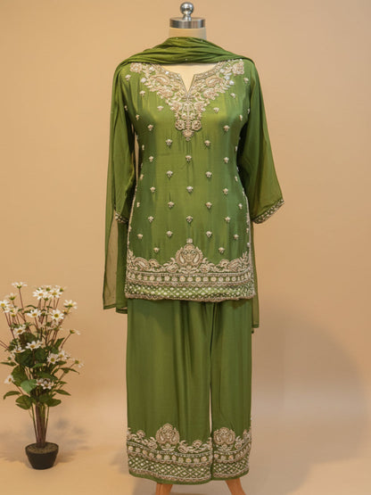 Green Amina chinon silk short kurta set