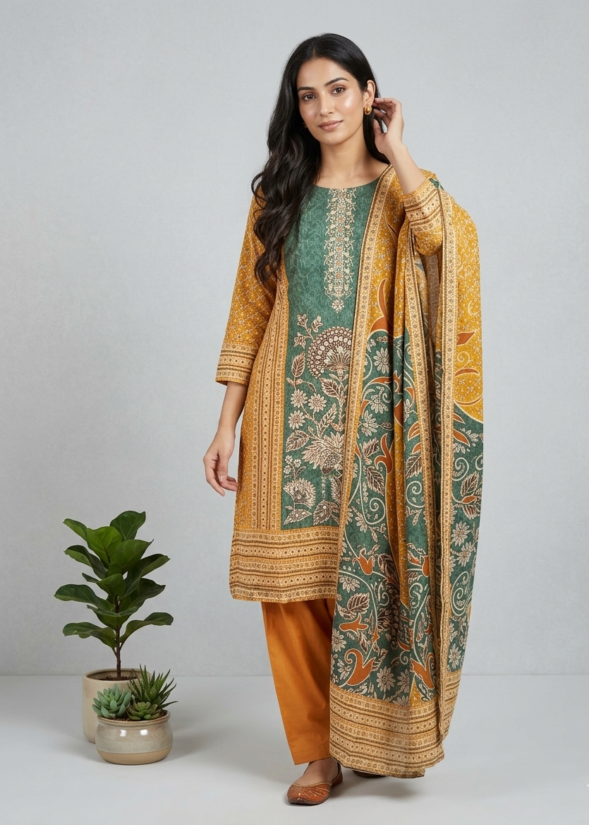 Green Brinda Crepe silk Farshi Salwar - Set of 3