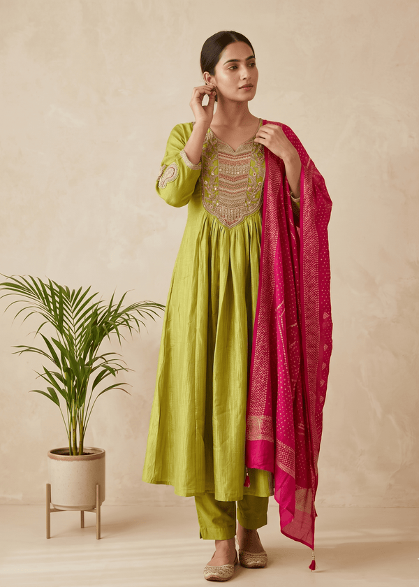 Green Radhya Crushed Tissue Anarkali suit - Set of 3