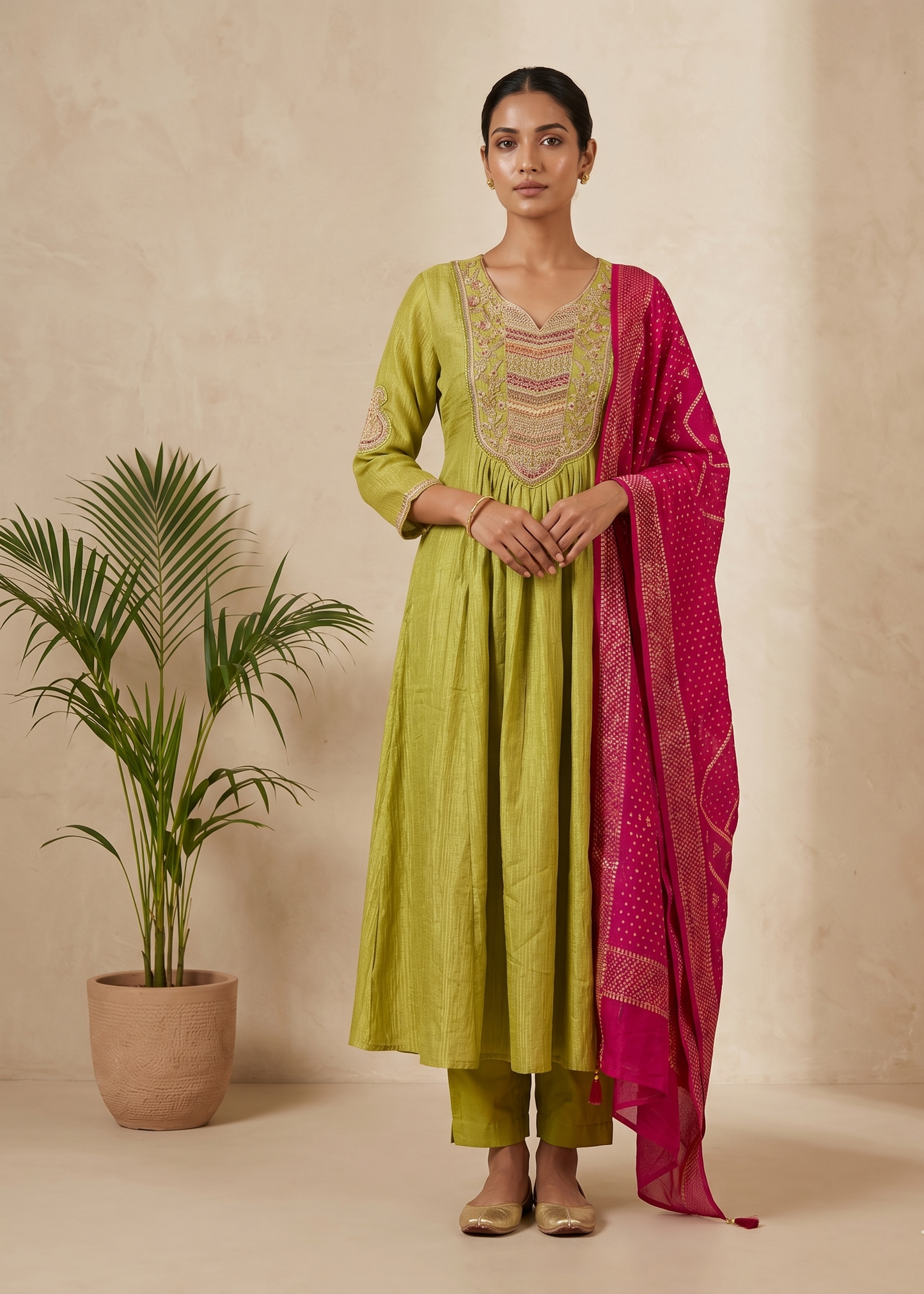 Green Crushed Tissue Anarkali suit - Set of 3