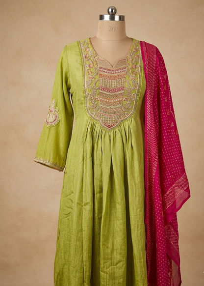 Green Crushed Tissue Anarkali suit - Set of 3
