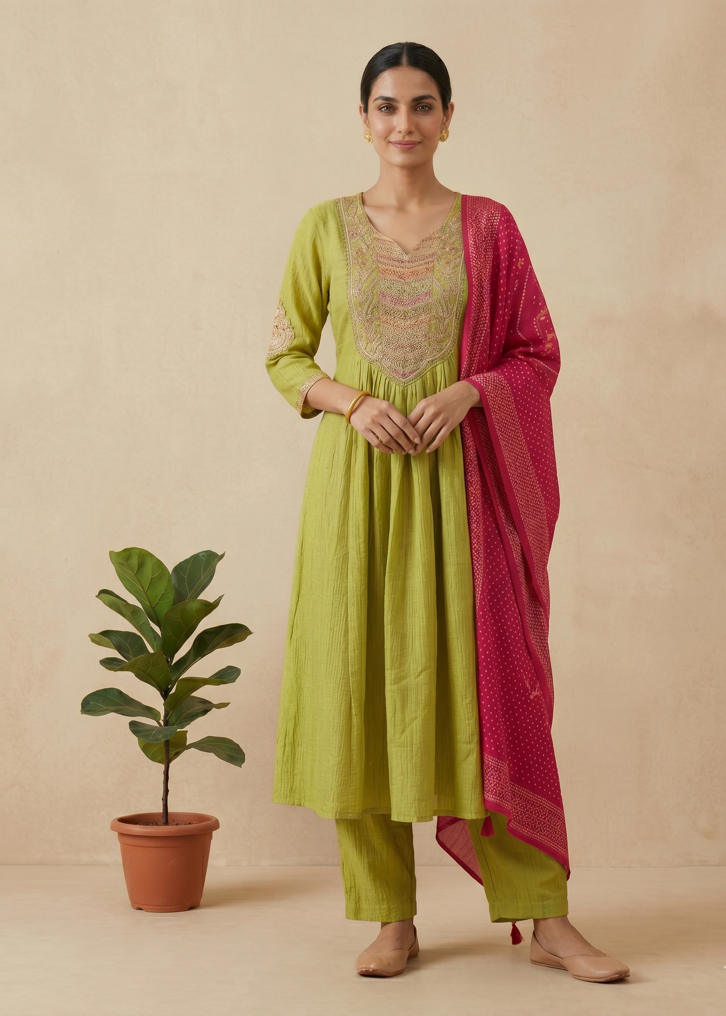Green Crushed Tissue Anarkali suit - Set of 3