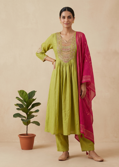 Green Crushed Tissue Anarkali suit - Set of 3