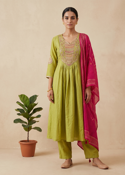 Green Crushed Tissue Anarkali suit - Set of 3