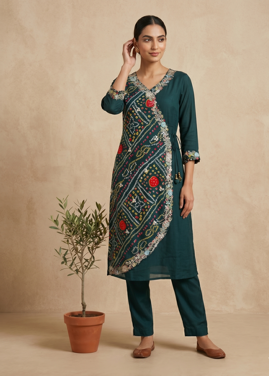 Green Hetal Bhandej Chinon silk set