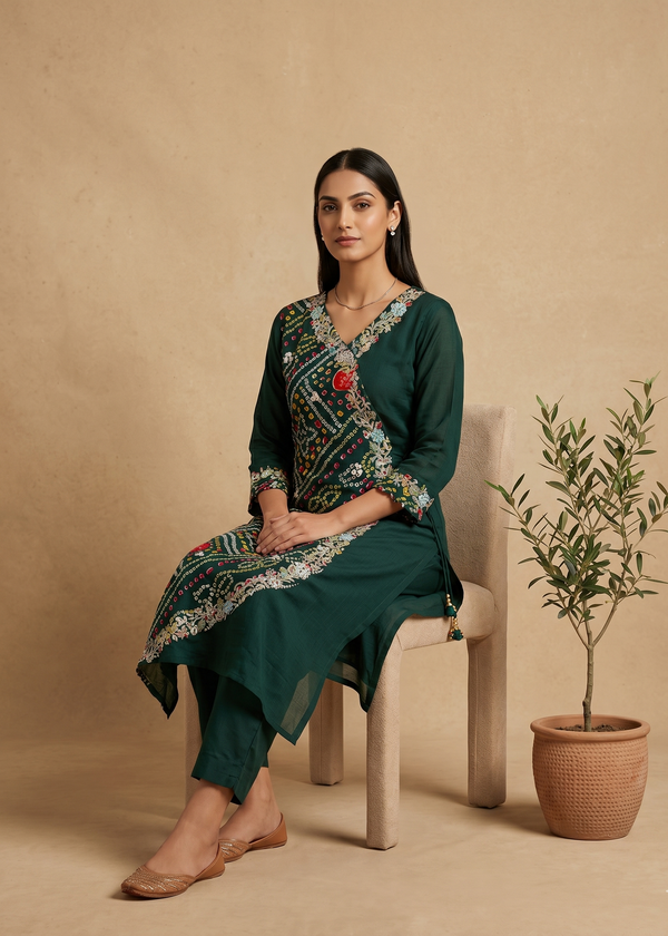 Green Hetal Bhandej Chinon silk set