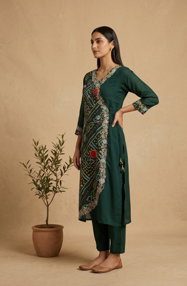 Green Hetal Bhandej Chinon silk set