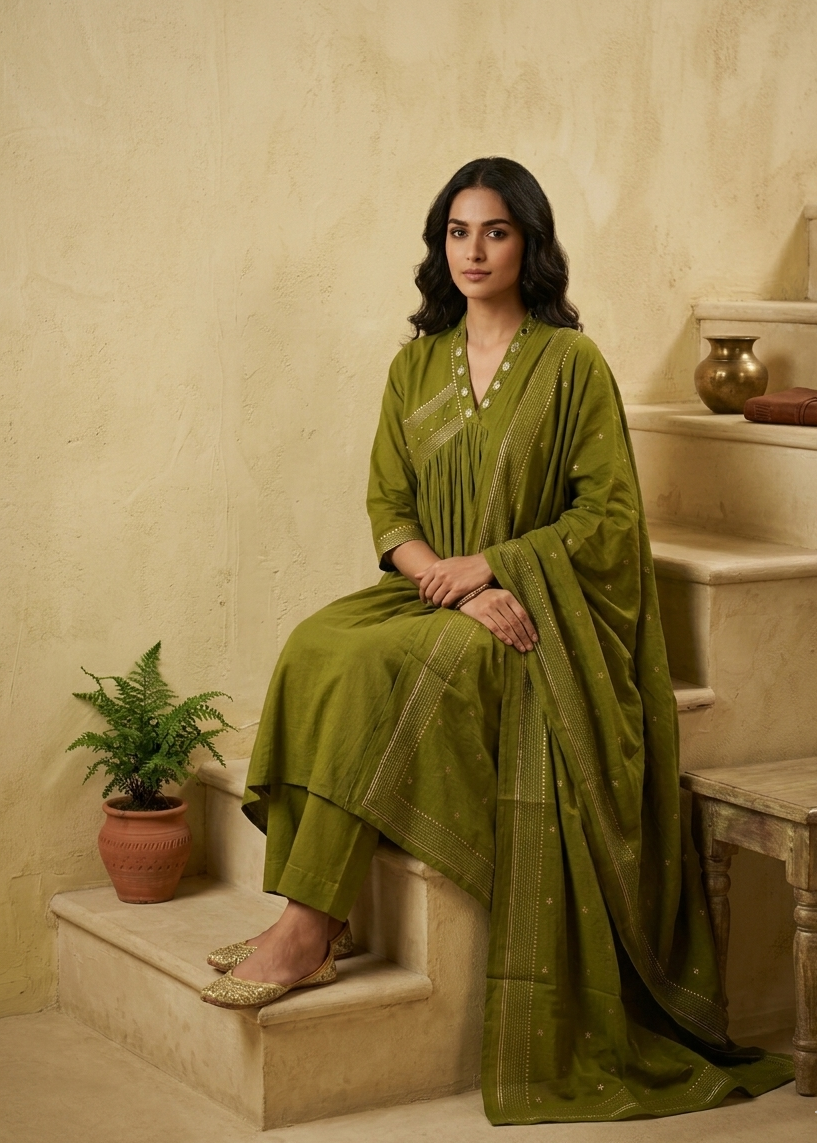 Women's Green Komal Anarkali Suit Set with matching dupatta and traditional styling
