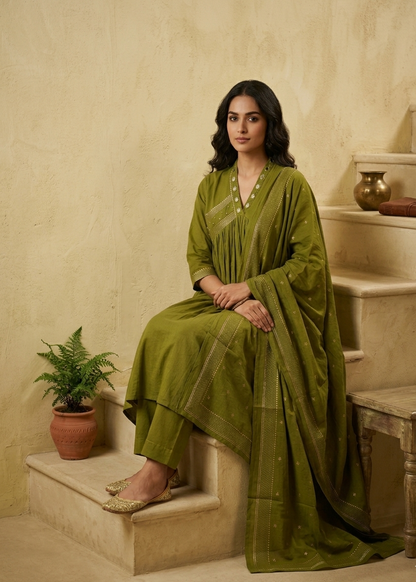 Women's Green Komal Anarkali Suit Set with matching dupatta and traditional styling