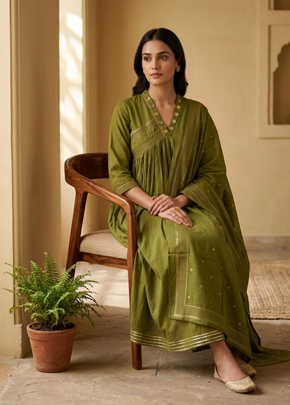 Green Anarkali suit set with dupatta in flowy silhouette for festive and ethnic wear