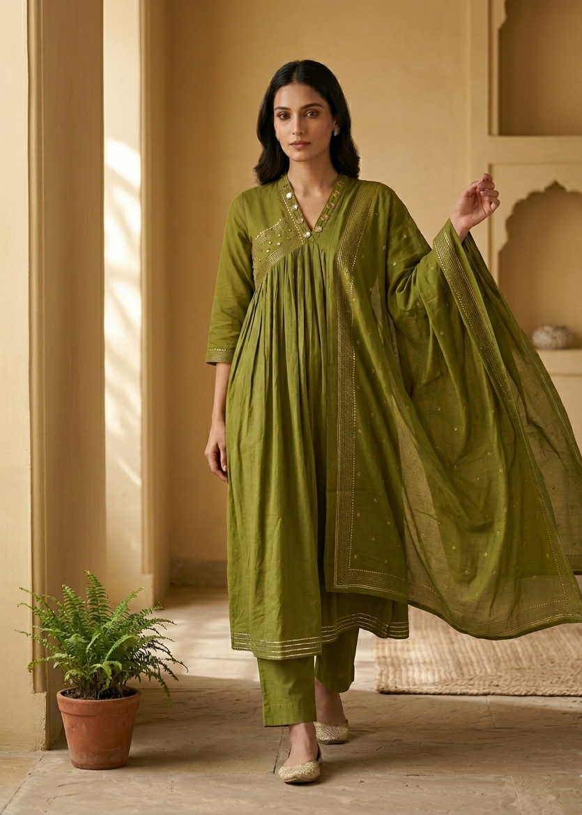 Elegant Green Komal Anarkali Suit Set with dupatta for weddings, festivals, and celebrations