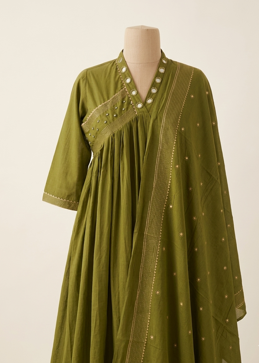 Front view of Green Komal Anarkali Suit Set with dupatta and intricate ethnic detailing