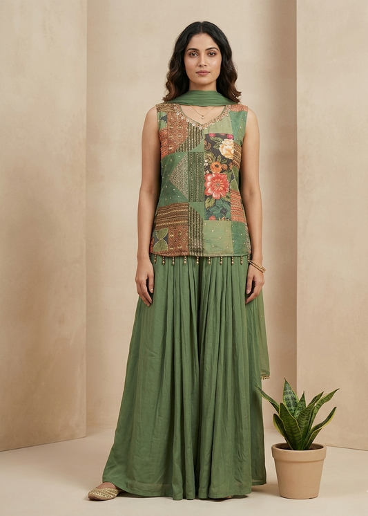 Green Radhvi Crepe Silk Inowestern Set - Set of 3