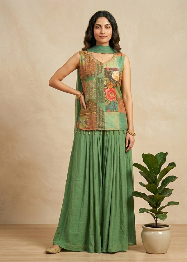 Green Radhvi Crepe Silk Inowestern Set - Set of 3