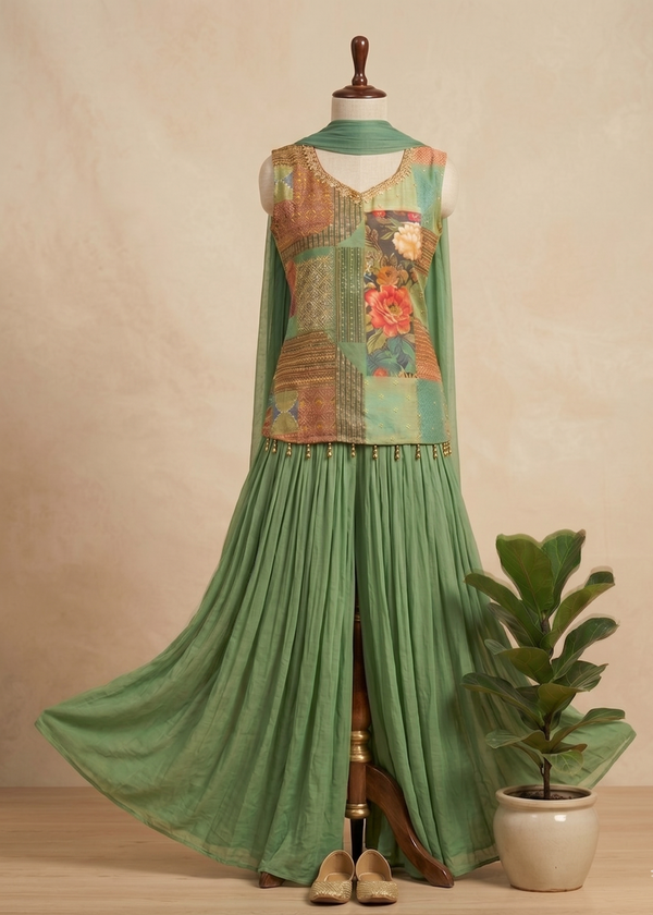 Green Radhvi Crepe Silk Inowestern Set - Set of 3